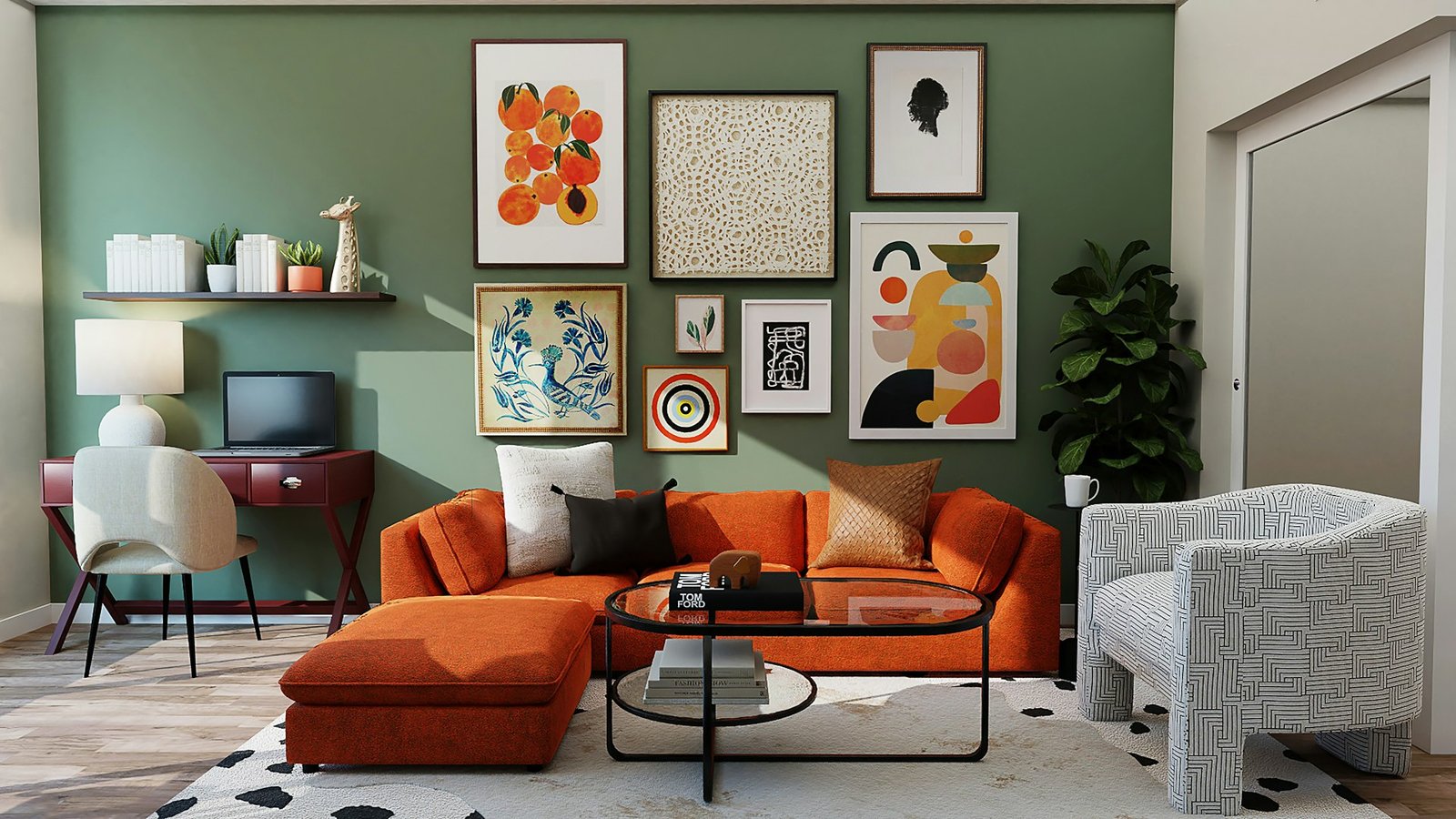 Warm living room with sofa and painted accent walls