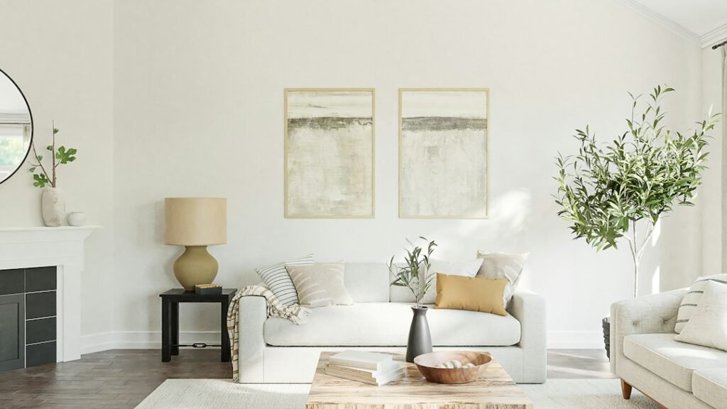 Freshly painted living room interior after professional house painters finished a full-house job
